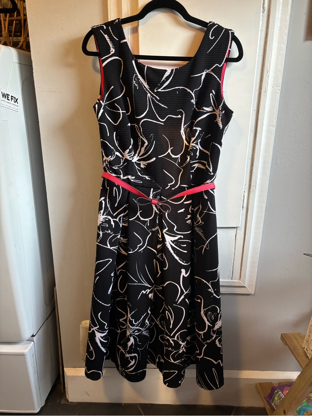 Black Floral Midi Dress with Red Belt